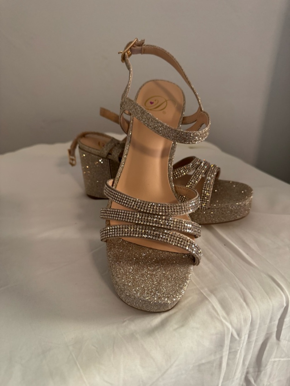 Delicious Gold Glitter Block Heel Sandals with Rhinestone Straps